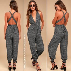Lulu's Take a Trip Monochromic Geometric Print Halter Jumpsuit